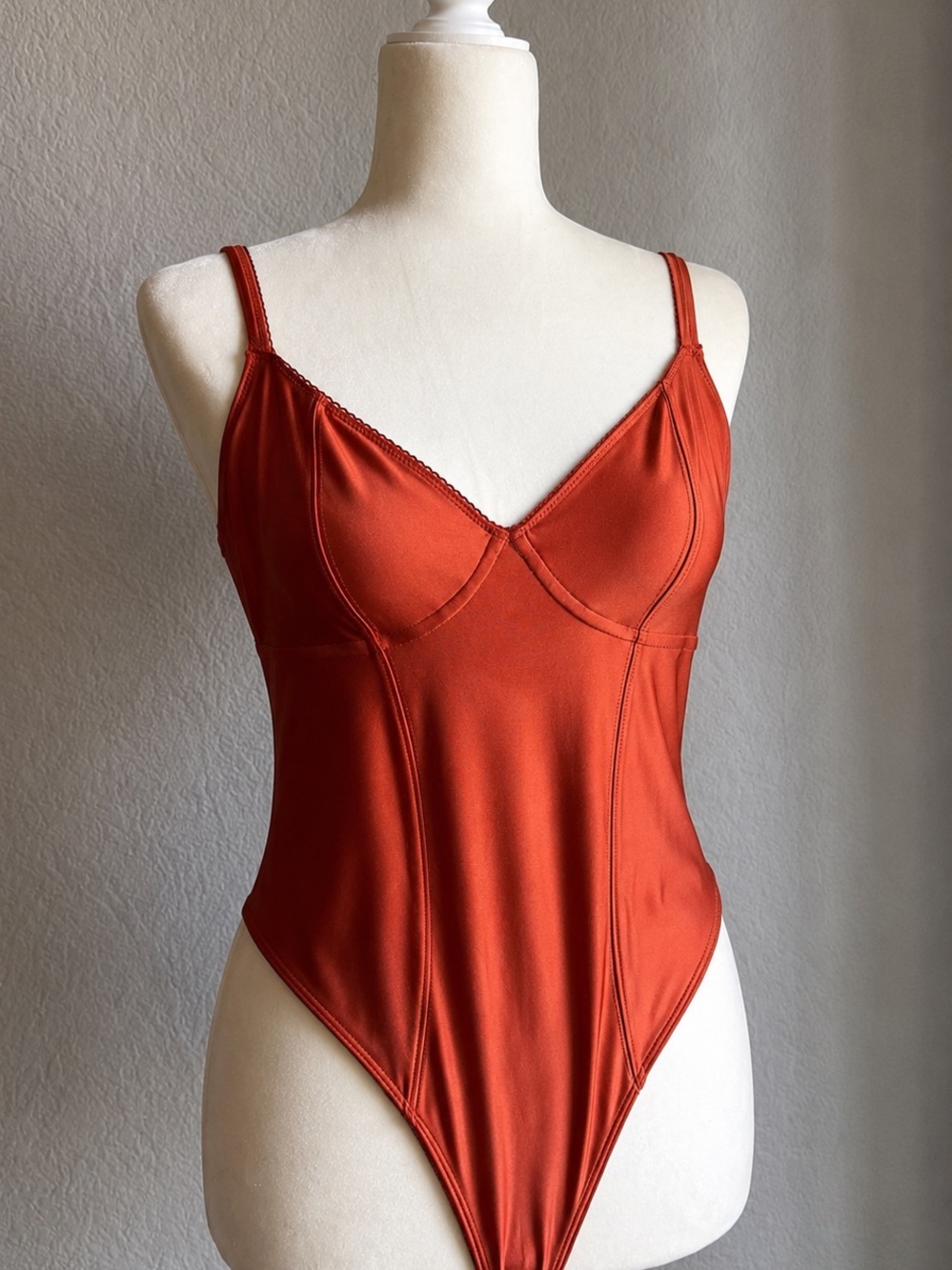Out From Under Stunning Rust Orange Satin Bodysuit